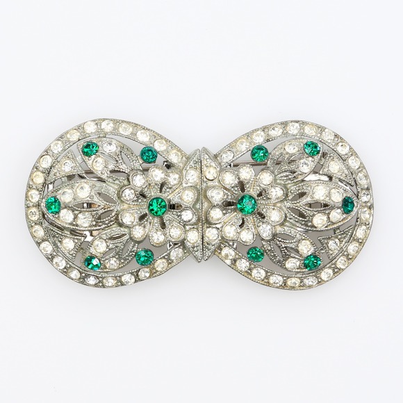 Coro Jewelry - Vintage Coro Duette Brooch Dress Clips Green Clear Rhinestone Art Deco Pin 1930s